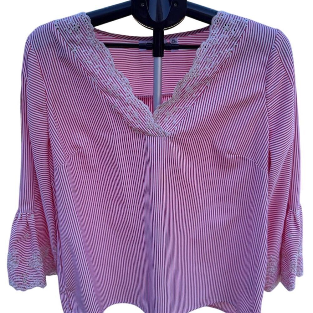 Rafaella Women's Red White Striped V Neck Blouse XL
